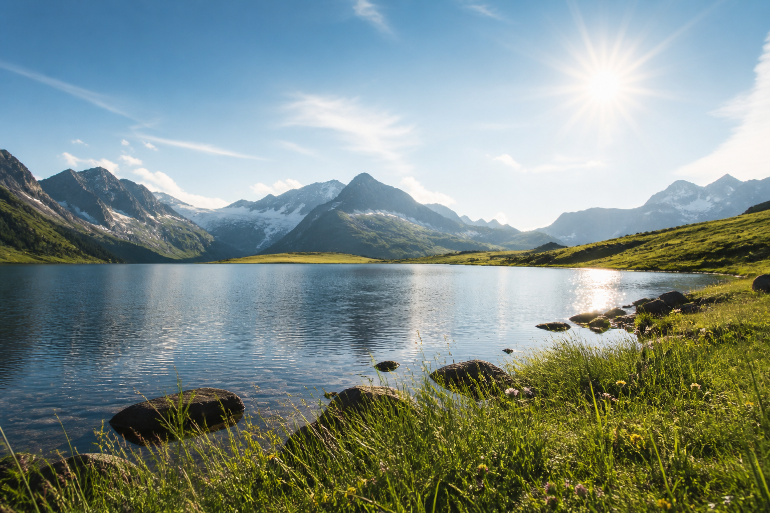 Sonniger Bergsee als Symbol für Erholung und innere Ruhe