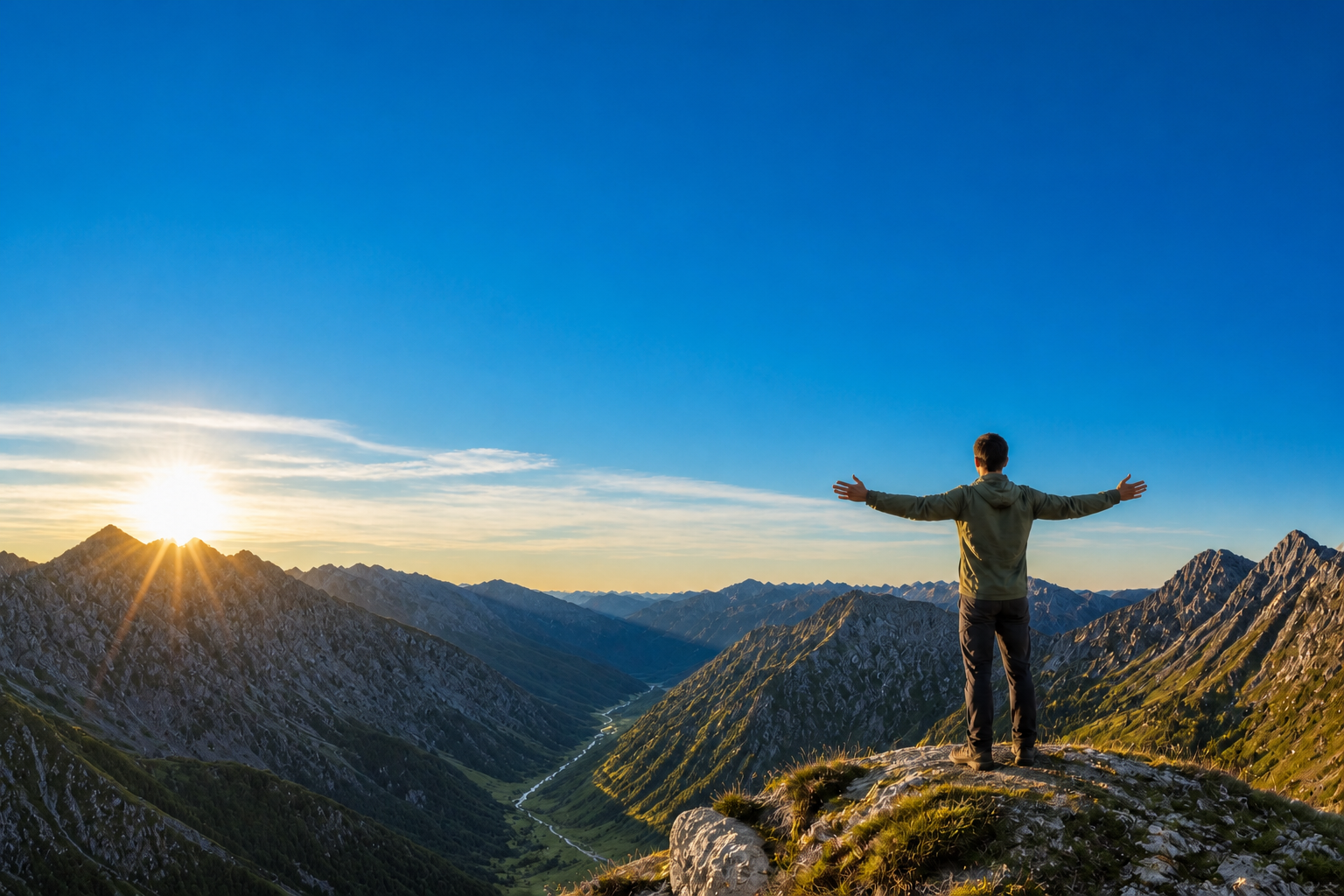 Sonnenaufgang über den Bergen als Symbol für neue Energie und Freiheit